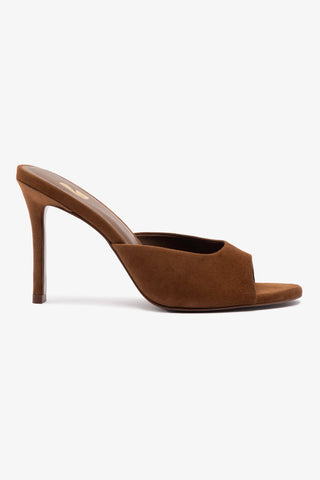 A single burnt umber suede mule with an open toe and high heel.