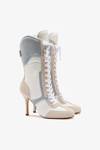 Larroude x Jonathan Cohen High Heel Sneaker Boot In White Leather, Maya and Mushroom Grey Suede