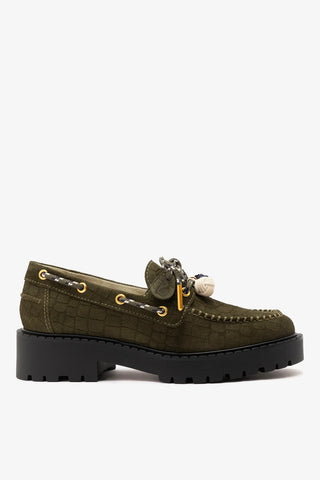 Cyprus Lugsole Loafer Olive Croco Suede Loafer Larroudé