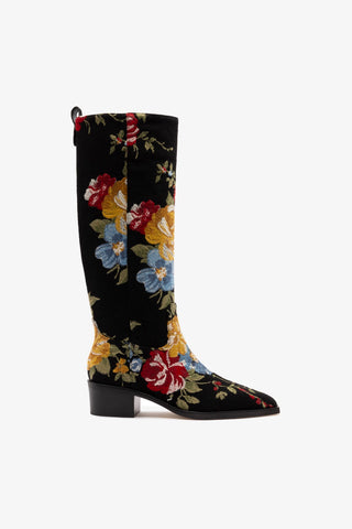 Larroudé x Markarian Florencia Boot In Floral Embroidery Black Fabric