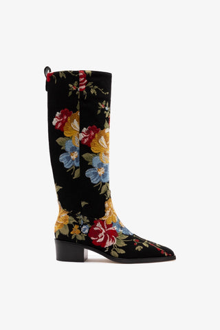 Larroudé x Markarian Florencia Boot In Floral Embroidery Black Fabric Boot Larroudé x Markarian