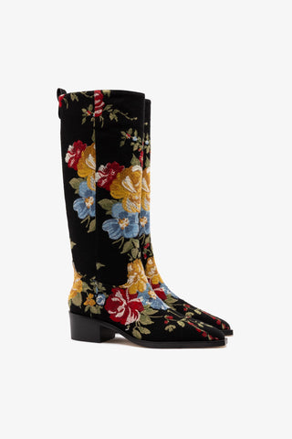 Larroudé x Markarian Florencia Boot In Floral Embroidery Black Fabric