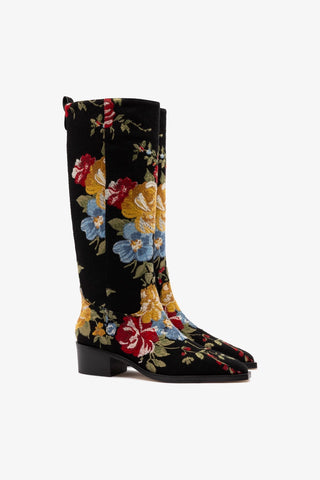 Larroudé x Markarian Florencia Boot In Floral Embroidery Black Fabric Boot Larroudé x Markarian