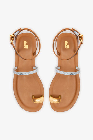 Biarritz Flat Sandal In Lemonade, Maya and Oud Python Embossed Leather Flat - Sandal Larroudé