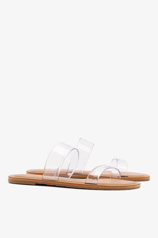 Gabe Flat In Clear Vinyl and Caramel Leather Flat - Sandal Larroudé