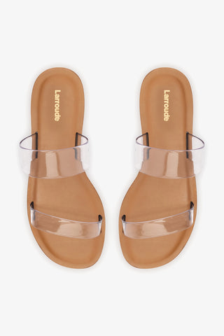Gabe Flat In Clear Vinyl and Caramel Leather Flat - Sandal Larroudé