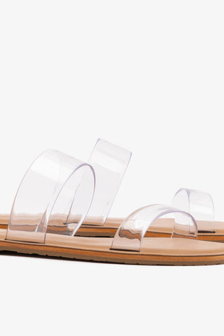 Gabe Flat In Clear Vinyl and Caramel Leather Flat - Sandal Larroudé
