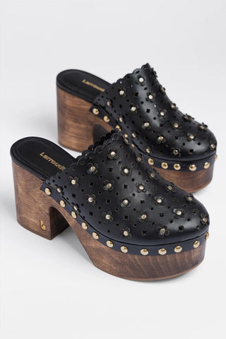 Miso Wooden Platform Clog Black Leather Mule Larroudé