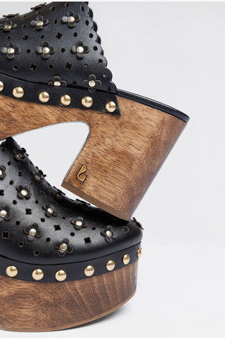 Miso Wooden Platform Clog Black Leather Mule Larroudé