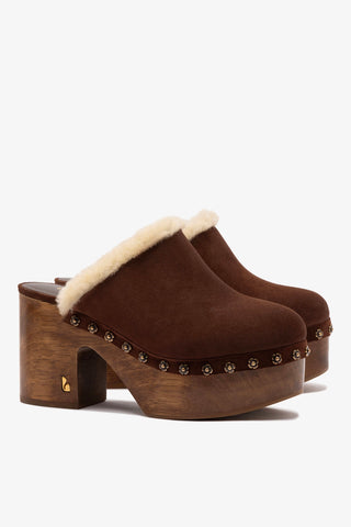 Miso Wooden Platform Clog In Brown Suede And Natural Shearling