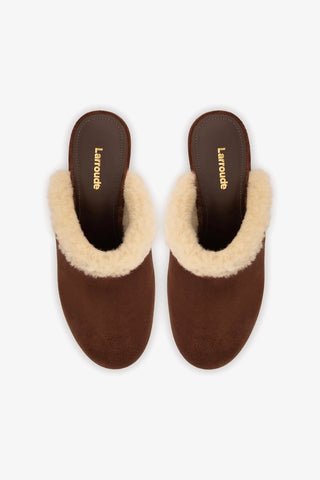 Miso Wooden Platform Clog In Brown Suede And Natural Shearling