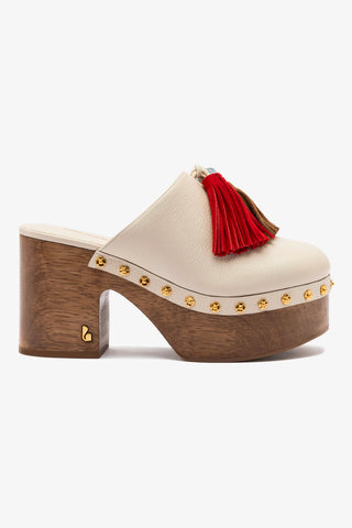 Miso Wooden Tassel Clog In Ivory Leather Mule Larroudé