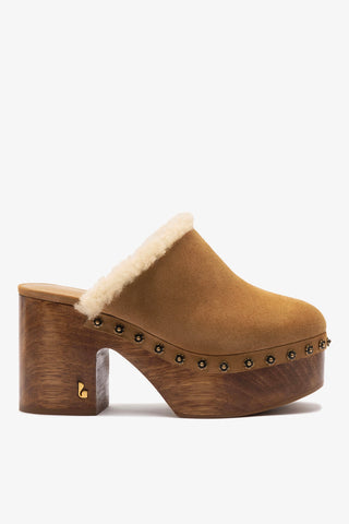 Miso Wooden Platform Clog In Peanut Suede And Natural Shearling