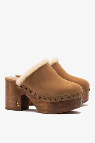 Miso Wooden Platform Clog In Peanut Suede And Natural Shearling