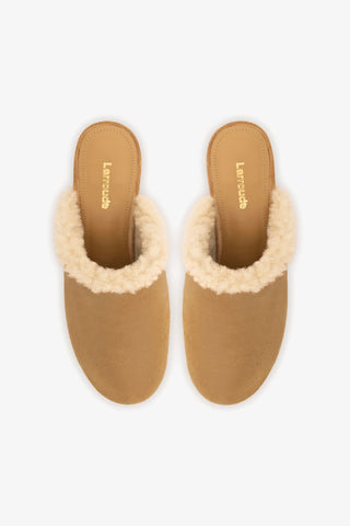 Miso Wooden Platform Clog In Peanut Suede And Natural Shearling