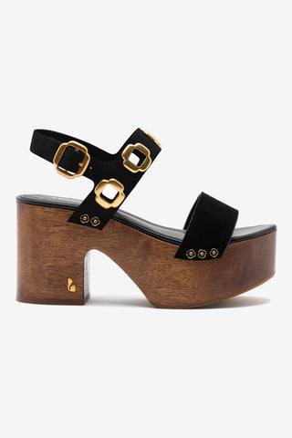 Miso Wooden Platform Sandal In Black Suede