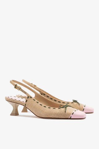 Jenny Pump In Beige Raffia and Tulip and Seaweed Leather Pump Larroudé