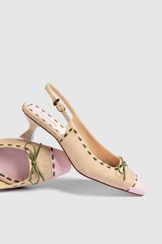 Jenny Pump In Beige Raffia and Tulip and Seaweed Leather Pump Larroudé