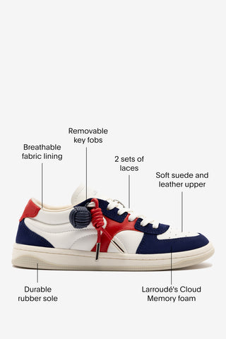 George Sneaker In White and Blood Red Leather and Navy Suede