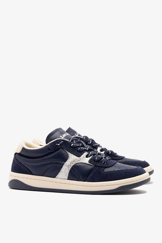 George Sneaker In Navy Suede and Silver Sparkle Leather