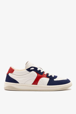 George Sneaker In White and Blood Red Leather and Navy Suede