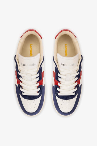 George Sneaker In White and Blood Red Leather and Navy Suede