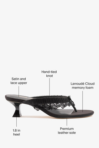 Larroudé x Tanner Fletcher: Gaia Low Lingerie Thong Sandal Black Satin Mule Larroudé x Tanner Fletcher