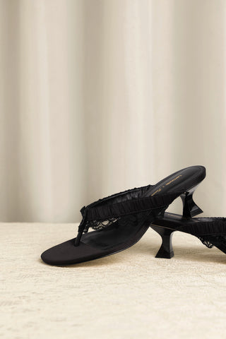 Larroudé x Tanner Fletcher: Gaia Low Lingerie Thong Sandal Black Satin Mule Larroudé x Tanner Fletcher