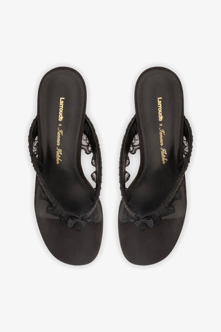 Larroudé x Tanner Fletcher: Gaia Low Lingerie Thong Sandal Black Satin Mule Larroudé x Tanner Fletcher