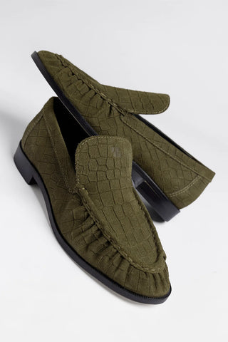 Margaux Loafer Olive Croco Suede Loafer Larroudé