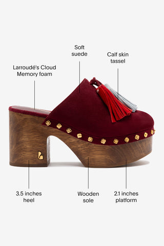 Miso Wooden Tassel Clog In Burgundy Suede