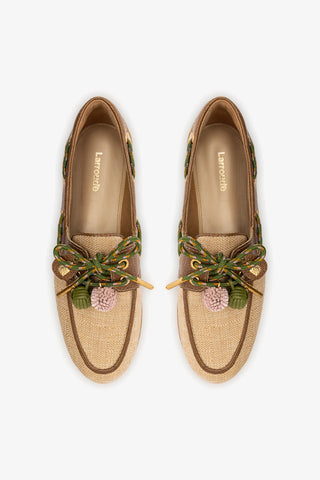 Cyprus Boat Shoe In Beige Raffia And Brown Leather