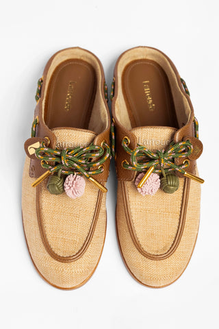 Cyprus Mule Beige Raffia Boat Shoe Larroude