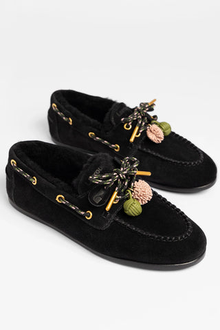 Cyprus Shearling Boat Shoe Black Suede Boat Shoe Larroude