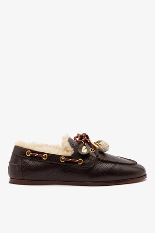 Cyprus Boat Shoe In Brown Leather And Ivory Shearling