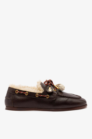 Cyprus Boat Shoe In Brown Leather and Natural Shearling Loafer Larroudé