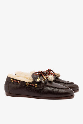 Cyprus Boat Shoe In Brown Leather and Natural Shearling Loafer Larroudé