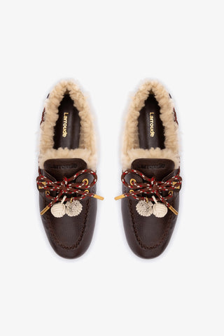 Cyprus Boat Shoe In Brown Leather And Ivory Shearling