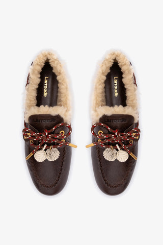 Cyprus Boat Shoe In Brown Leather and Natural Shearling Loafer Larroudé