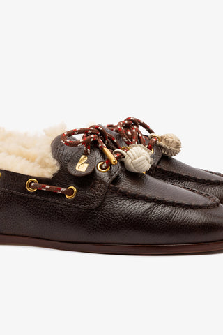 Cyprus Boat Shoe In Brown Leather And Ivory Shearling
