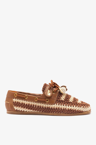 Cyprus Crochet Boat Shoe In Caramel and Ivory Crochet and Caramel Leather