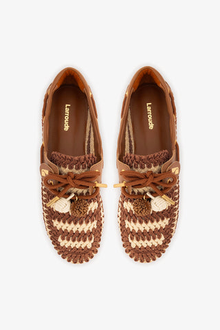 Cyprus Crochet Boat Shoe In Caramel and Ivory Crochet and Caramel Leather