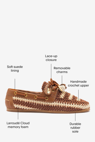 Cyprus Crochet Boat Shoe In Caramel and Ivory Crochet and Caramel Leather Loafer Larroudé