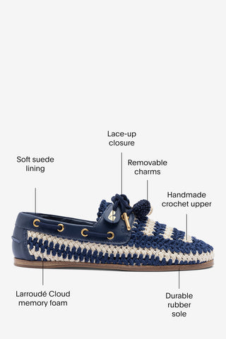 Cyprus Crochet Boat Shoe In Navy and Ivory Crochet and Navy Leather Loafer Larroudé