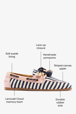 Cyprus Boat Shoe Navy Striped and Pink Leather Loafer Larroudé