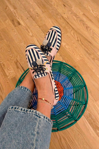 Cyprus Boat Shoe Navy Striped and Pink Leather Loafer Larroudé