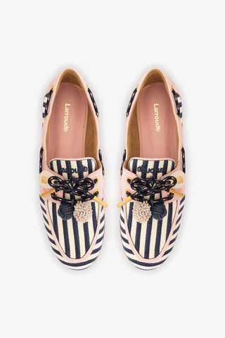 Cyprus Boat Shoe Navy Striped and Pink Leather Loafer Larroudé
