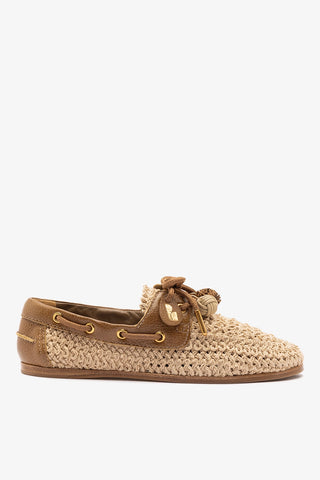 Cyprus Crochet Boat Shoe In Natural Crochet and Russet Leather