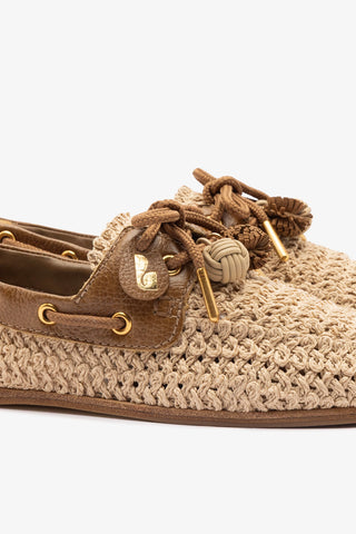 Cyprus Crochet Boat Shoe In Natural Crochet and Russet Leather