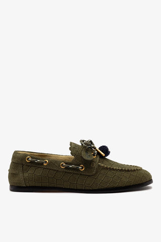 Cyprus Boat Shoe Olive Croco Suede Loafer Larroudé